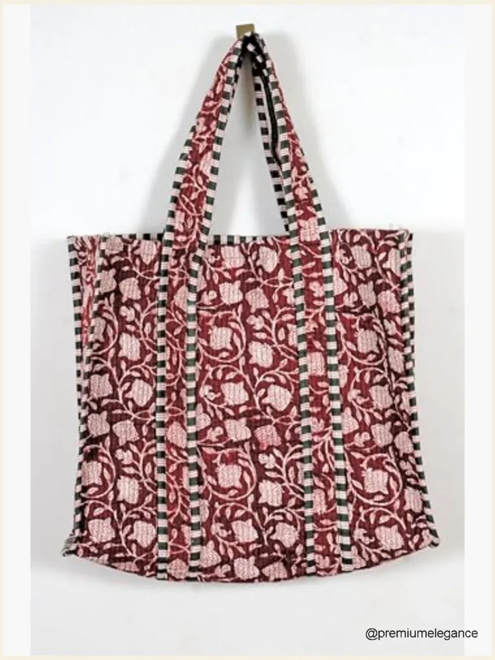 Large Reversible Handprinted Quilted Cotton Floral Tote Bag